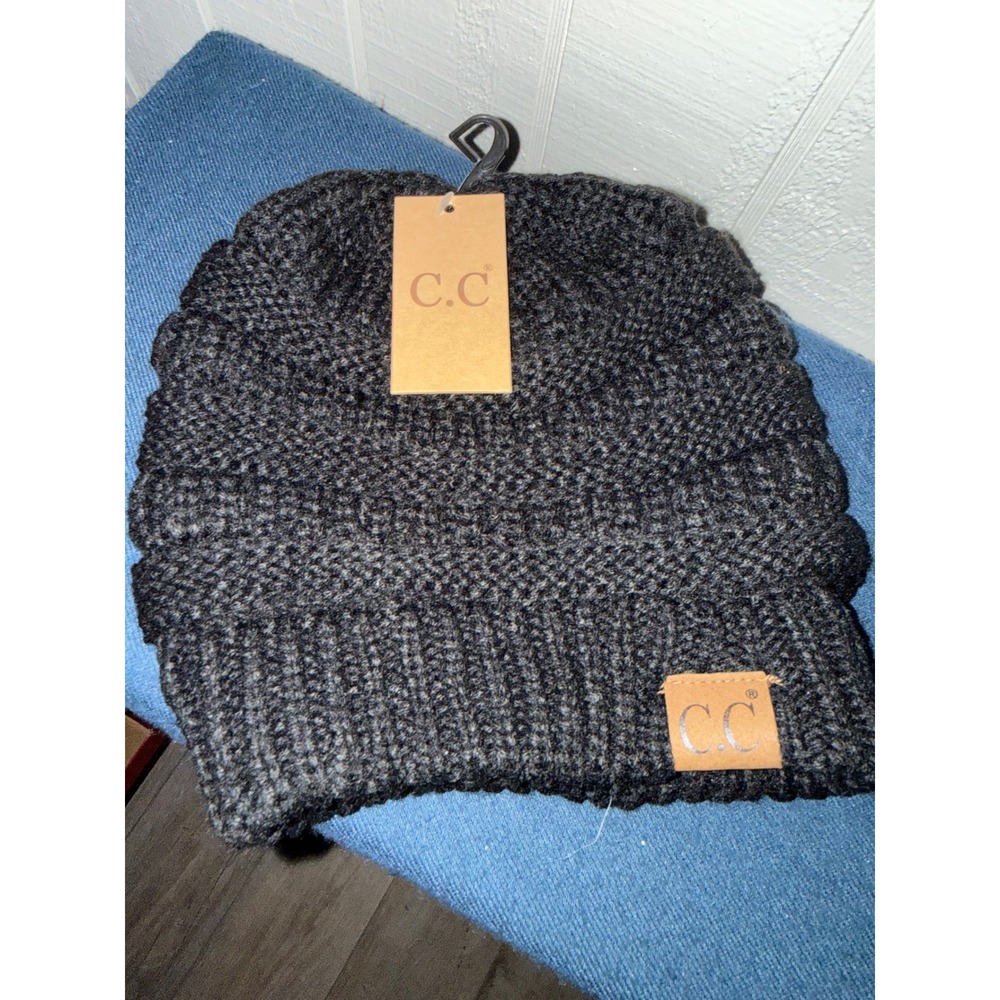 CC Beanie Women Dark Charcoal Gray Cable Knit Slouchy Winter Hat New